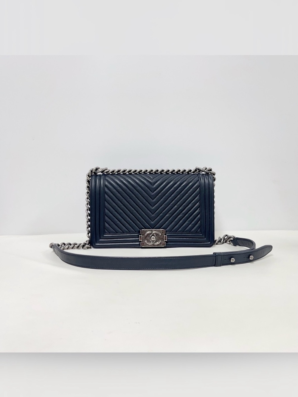 Authentic CHANEL  Chevron Quilted Boy Shoulder Bag with Gun mental Hardware